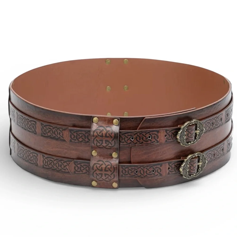 Brown wide faux Leather Belt with antique Gold Buckle Renaissance Eclectic Sz XL
